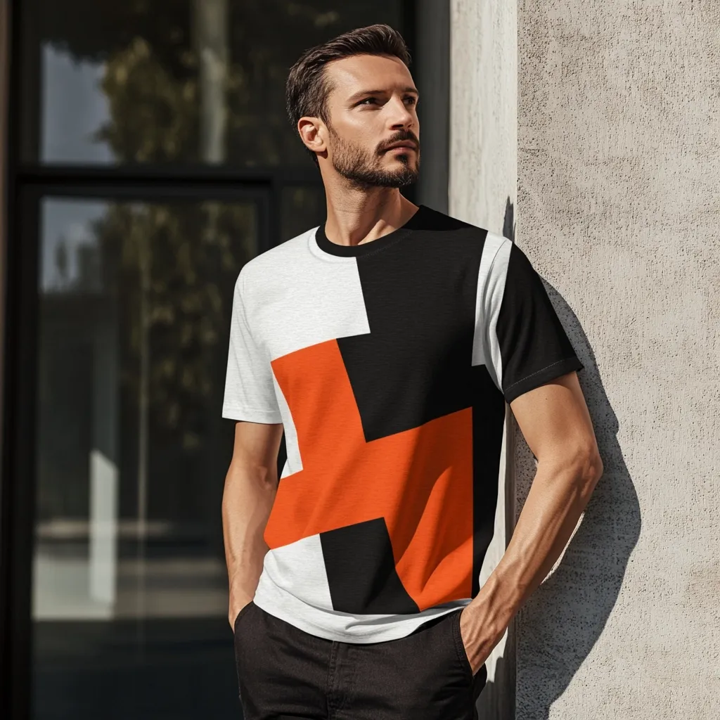 A man with short brown hair and a beard stands against a concrete wall, looking away from the camera. He wears a short-sleeved t-shirt with a geometric design in black, white, and burnt orange. The design features a bold, angular pattern that contrasts against the shirt's background colors. His hands are in his pockets, and he wears dark-colored pants. The overall style is modern and clean.