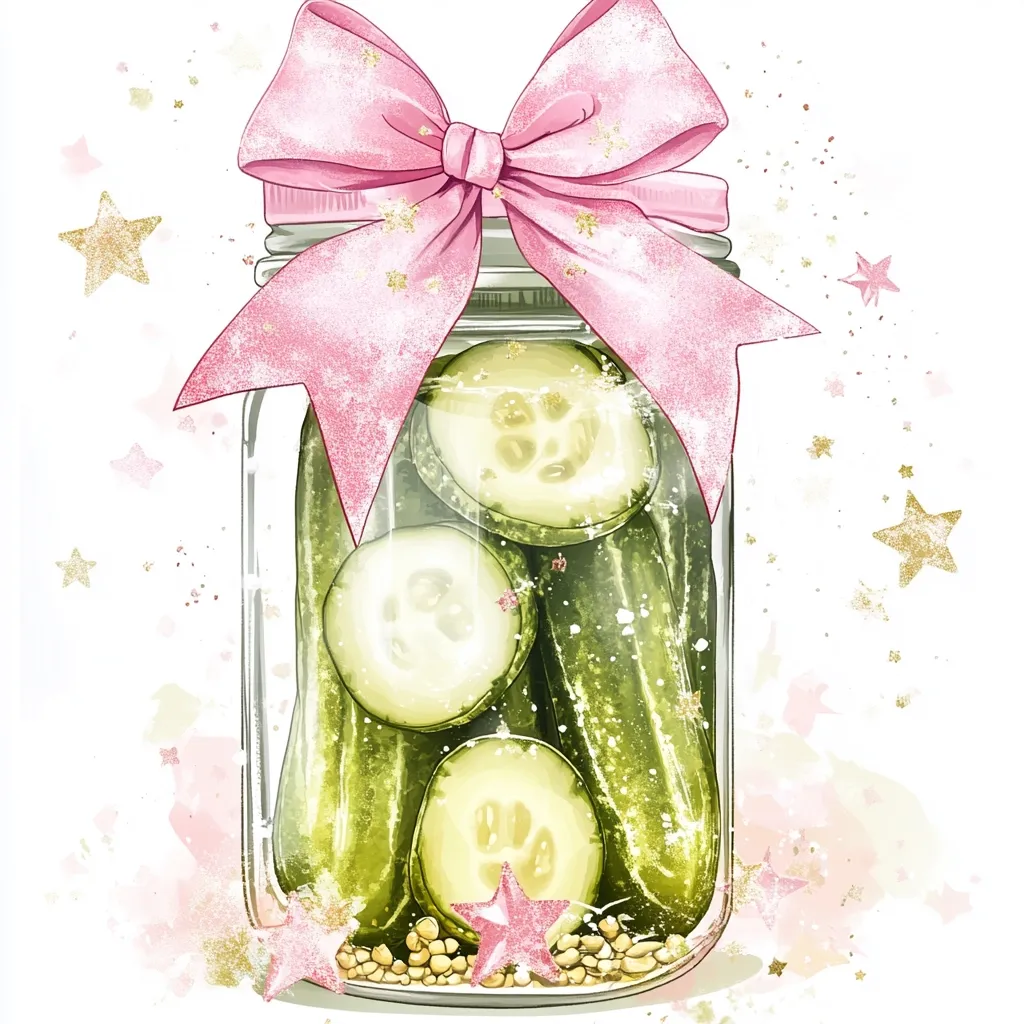 A mason jar filled with pickled cucumbers is adorned with a large pink bow.  Gold glitter stars are scattered around the jar, creating a whimsical, feminine aesthetic. The jar's contents are visible, showcasing the vibrant green pickles.  The overall image suggests a charming, possibly homemade, gift.