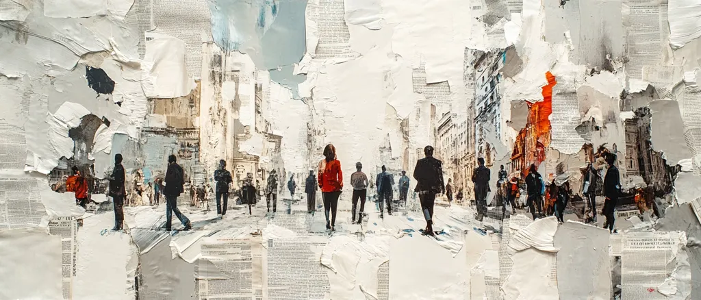 A cityscape painting is presented, with figures walking down a street, rendered in a textured, mixed-media style.  The background features a layered effect, combining building sketches with torn newspaper fragments, creating a sense of urban decay or ephemerality.  The figures are somewhat indistinct, focusing more on the overall impression of a busy city scene.  The dominant colors are muted grays and whites, contrasted by a pop of red from a woman's coat.