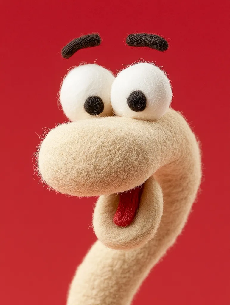 A close-up shot reveals a whimsical, beige felt creature against a vibrant red backdrop.  Its large, expressive eyes, simple eyebrows, and a playful, protruding tongue convey a cheerful, almost surprised expression. The texture of the felt is prominent, adding to its handcrafted charm. The creature's form suggests a long neck, creating a playful and endearing image.