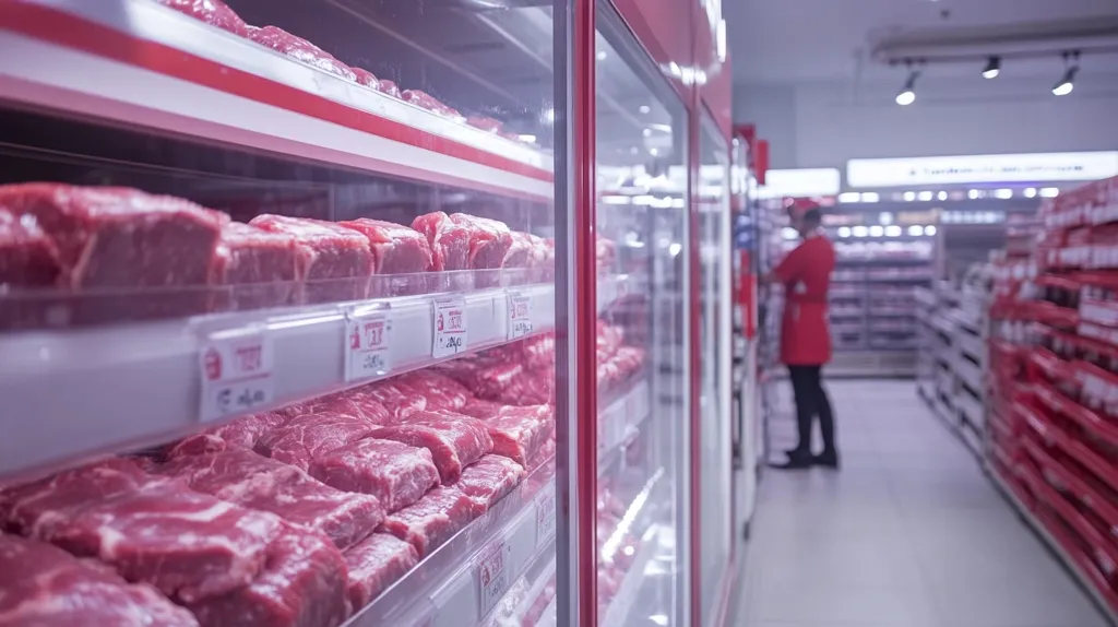 A supermarket's refrigerated meat section is shown, filled with neatly stacked packages of raw beef.  The glass display cases are brightly lit, showcasing the fresh red meat.  A blurred figure of a staff member in red clothing is visible in the background, suggesting a busy retail environment.  Price tags are partially visible on the shelves.