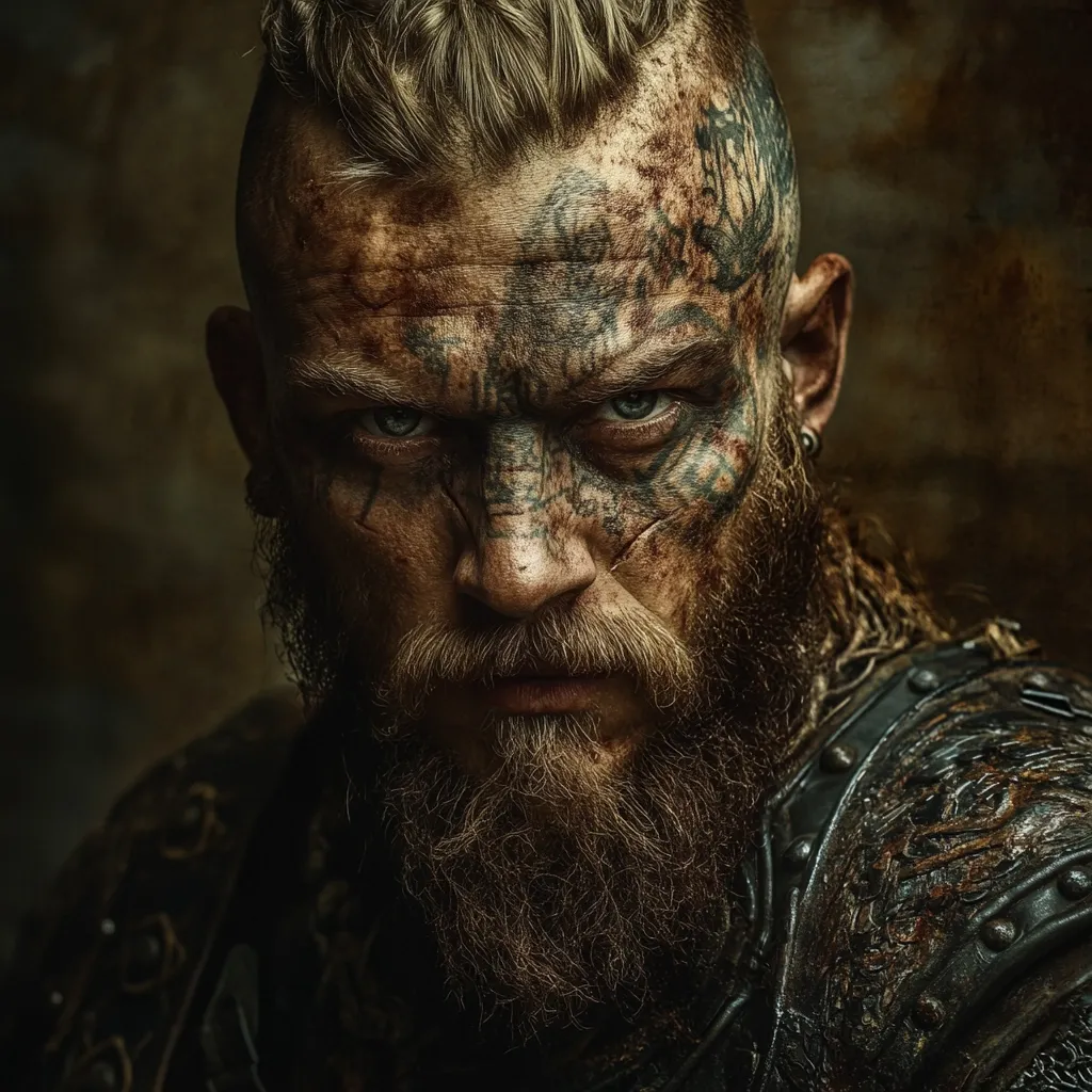 A close-up portrait of a fierce-looking Viking warrior.  His face is heavily scarred and adorned with intricate tattoos, his expression stern and unwavering.  A thick, unkempt beard frames his weathered features. He wears dark, worn leather armor, suggesting a life of battle and hardship.  The overall mood is one of intense power and grim determination.