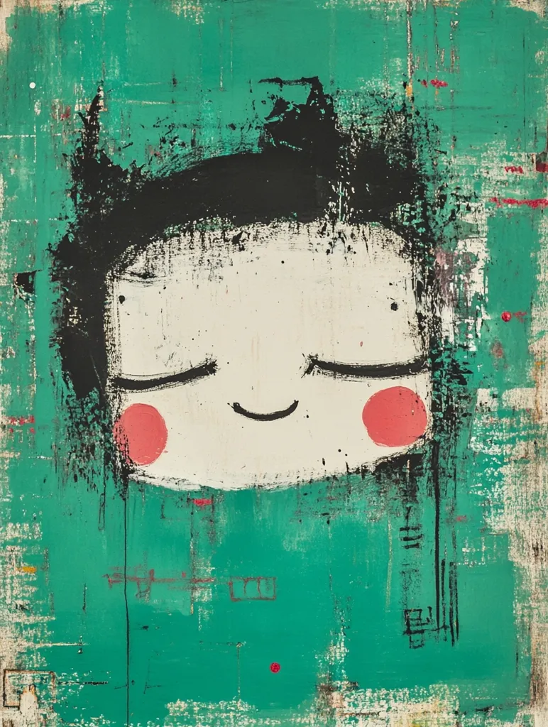An abstract painting depicts a stylized child's face with closed eyes and rosy cheeks.  The face is rendered in off-white against a vibrant teal background textured with layers of paint, creating a sense of depth and movement. Black brushstrokes form the hair, adding contrast to the serene expression.  The overall style is expressive and playful, suggestive of childlike innocence.