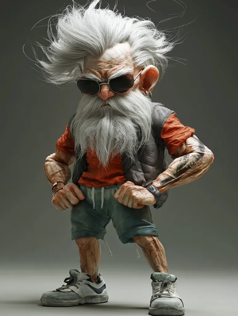 A digital rendering of a stylized, muscular old man.  He has long, wild white hair, a full white beard, and wears sunglasses, an orange shirt, dark shorts, and sneakers. His attire suggests a blend of casual and biker styles.  He has visible tattoos on his arm and a determined expression, presenting a powerful and somewhat comical figure.  The detail is striking, particularly in the texture of his skin and hair.