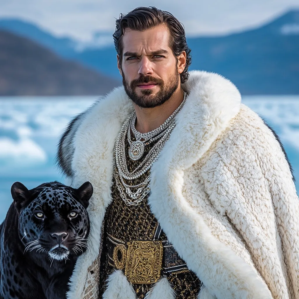 A man with dark hair and a beard, adorned in a luxurious white fur coat and elaborate gold and diamond jewelry, stands before a frozen lake.  A black panther rests calmly beside him. The scene evokes a sense of regal power and opulence, set against a stark, wintry landscape.  His expression is serious and commanding.