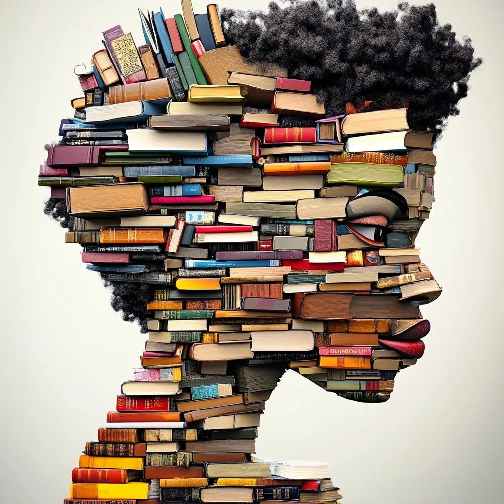 A profile of a person's head and shoulders is constructed entirely from a multitude of books of varying sizes and colors.  The books form the shape of a person with afro-textured hair, suggesting a connection between knowledge, learning, and identity. The image is a striking visual metaphor for the power of books and the accumulation of knowledge.