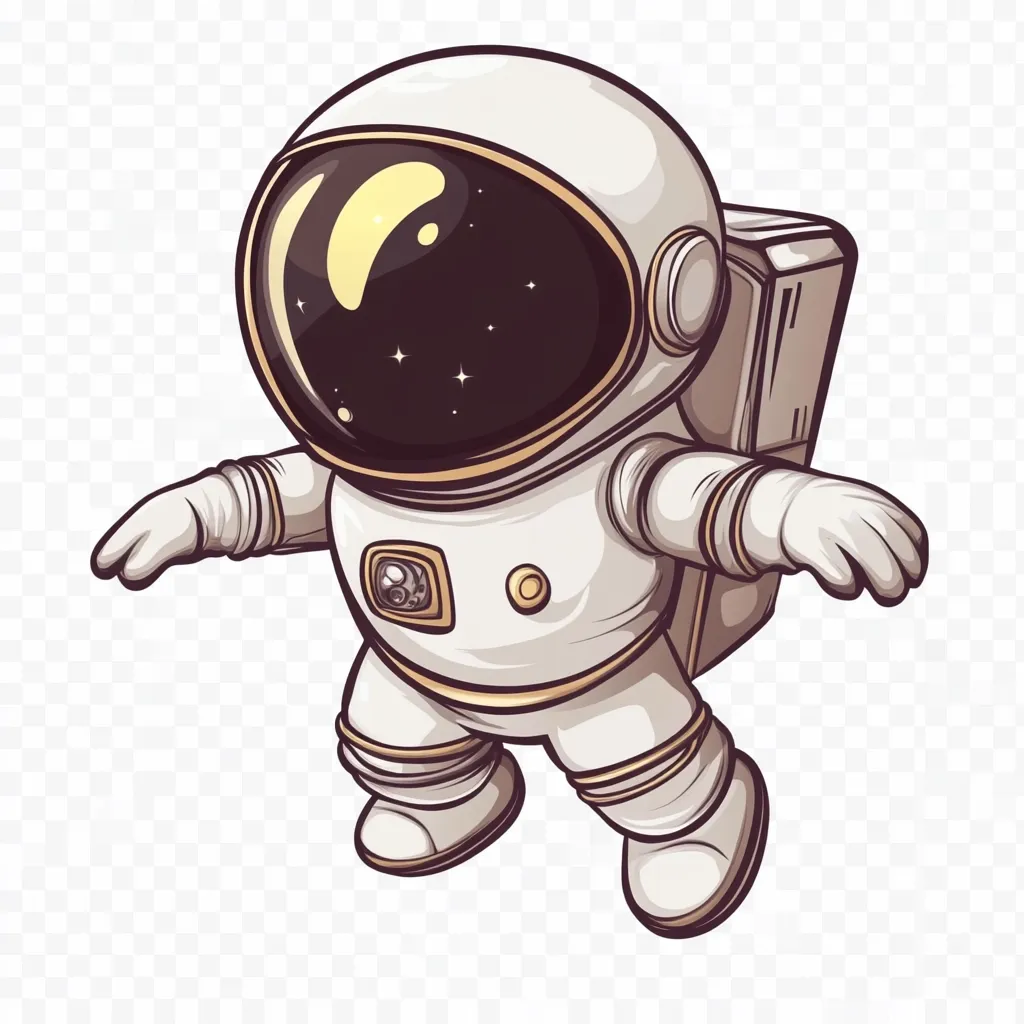 A charming illustration of a cartoon astronaut floating in space.  The astronaut, depicted in a classic white spacesuit with gold accents, has a helmet reflecting a dark starry sky with a faint yellow glow.  The design is reminiscent of vintage space exploration imagery, conveying a sense of wonder and adventure. The astronaut's arms are outstretched, suggesting a feeling of weightlessness.