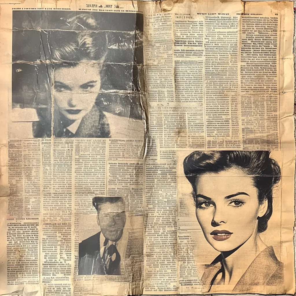 A vintage newspaper clipping features two black and white images of women, one seemingly a younger headshot, the other a larger portrait possibly of a film star.  Surrounding the images is dense text in a foreign language, possibly European.  A smaller image of a man in a suit is also visible amidst the text.  The newspaper appears aged and worn, showing signs of damage and discoloration.