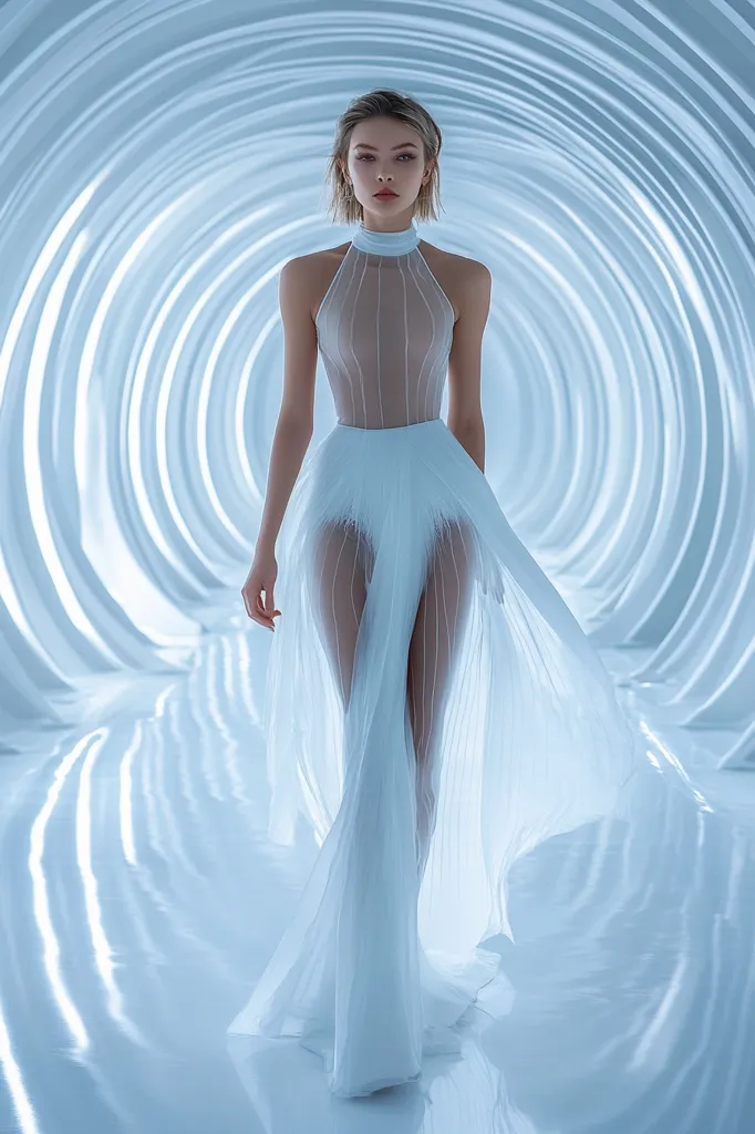 A model with short blonde hair walks down a futuristic, circular hallway. She wears a sheer, white halter-neck gown with a flowing skirt, creating a sleek and ethereal look. The dress's design is modern and minimalist, complementing the clean lines of the architectural background. The overall image evokes a sense of elegance and otherworldly beauty.