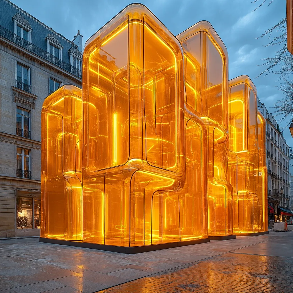 A modern, amber-hued glass structure stands illuminated against a twilight Parisian backdrop.  Its unique design features interlocking, translucent cubes, creating a captivating interplay of light and shadow.  The building's warm glow contrasts sharply with the cool tones of the surrounding classical architecture, making it a striking focal point.  The smooth, polished surfaces reflect the ambient light, adding to its ethereal quality.