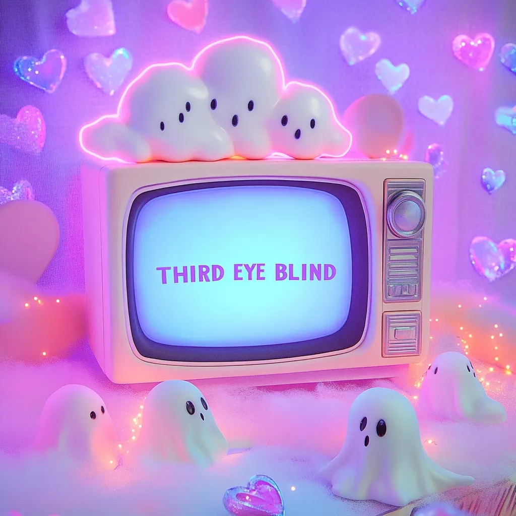 A pastel pink retro television displays "Third Eye Blind" on its screen, illuminated by a soft blue light.  Adorable ghost figurines are scattered around the base, nestled in fluffy pink clouds.  Neon pink hearts and lights decorate the background, creating a whimsical, dreamy aesthetic. The overall scene is cute and visually appealing, with a nostalgic feel.