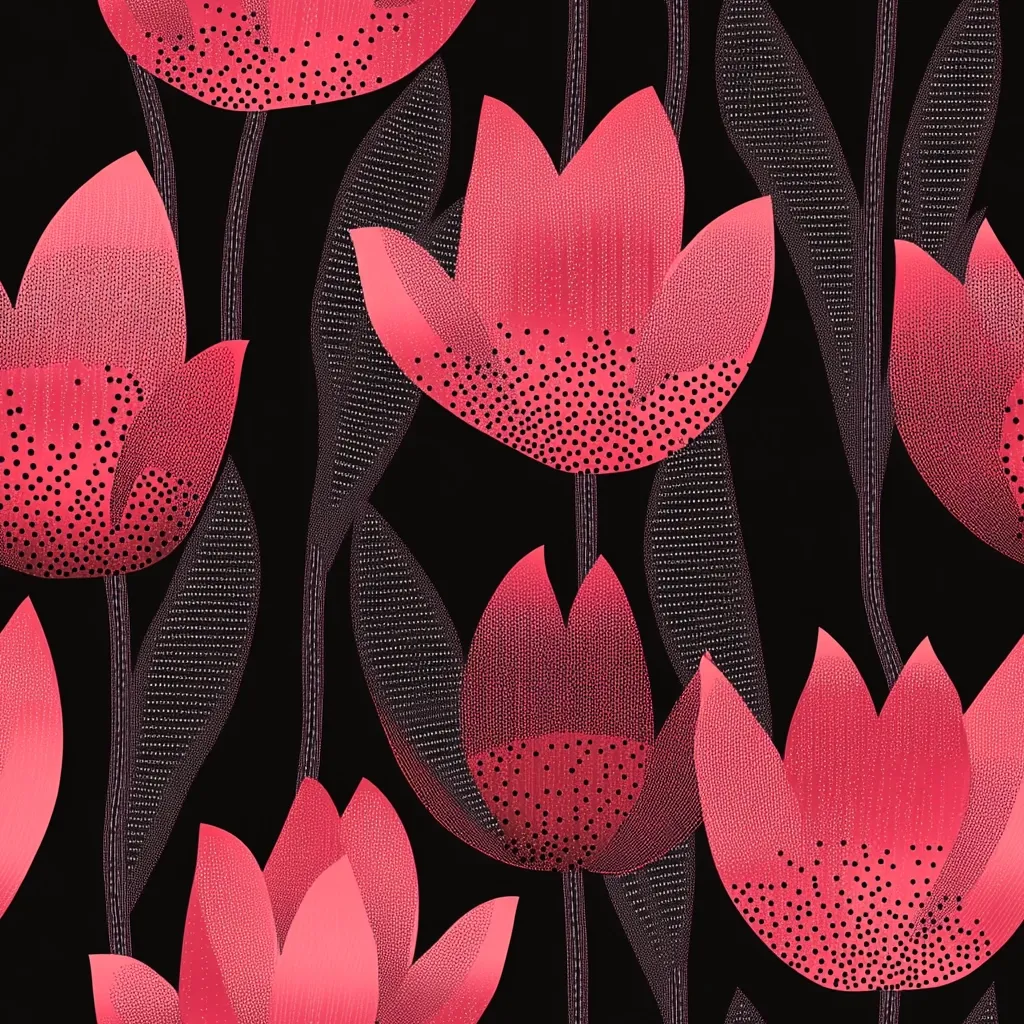 A seamless pattern featuring stylized pink tulips on a black background.  The tulips are rendered with a textured, pointillist effect, giving them a slightly shimmering appearance.  Dark grey leaves are interspersed between the flowers, adding depth and contrast to the design. The overall style is modern and graphic, suitable for fabric, wallpaper, or other design applications.