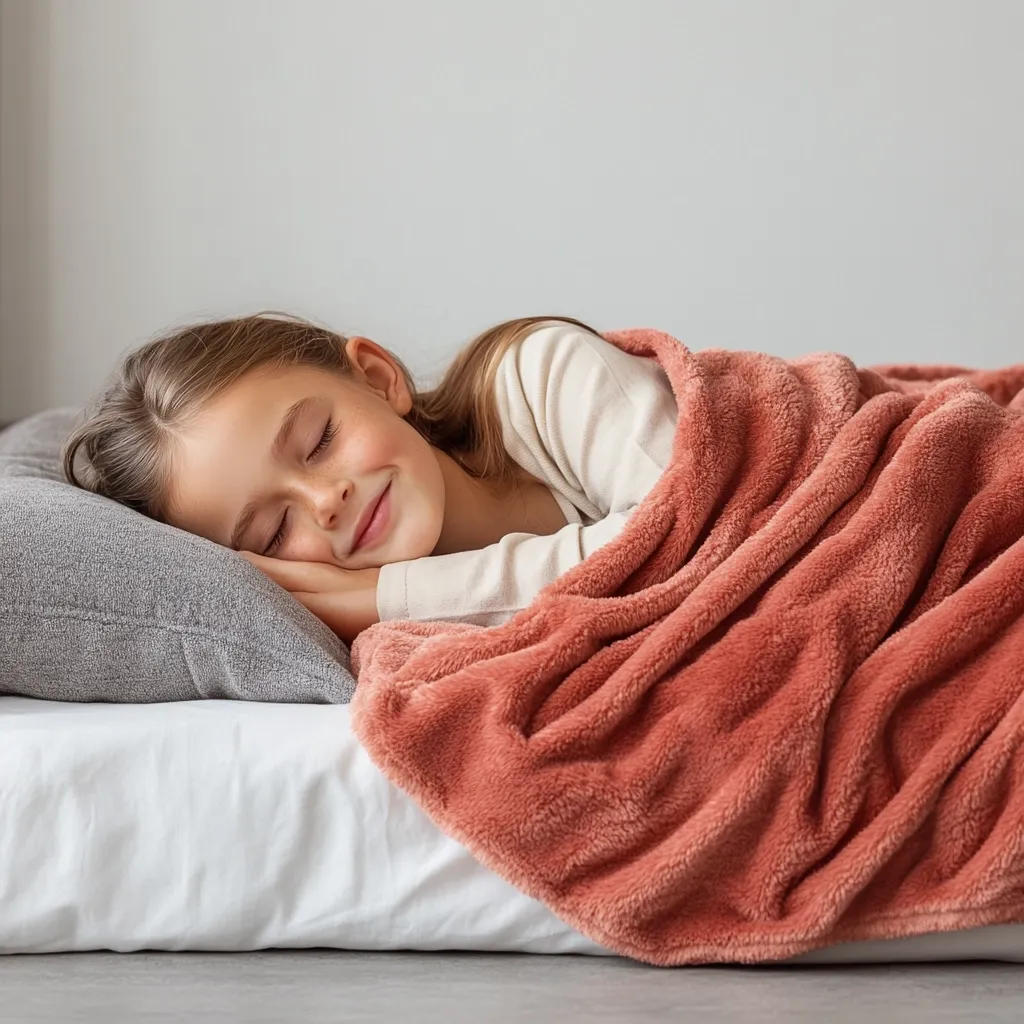 A young girl with long brown hair sleeps peacefully on a white mattress.  She's nestled under a soft, coral-colored plush blanket and rests her head on a gray pillow.  Her eyes are closed, and a gentle smile graces her lips. The scene is serene and suggests a comfortable, restful sleep.