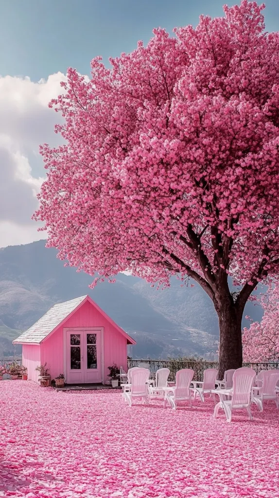 A picturesque scene unfolds: a vibrant pink cottage nestled beneath a breathtaking cherry blossom tree in full bloom.  The ground is covered in a thick carpet of fallen pink petals, adding to the dreamy atmosphere.  White chairs are arranged invitingly on the petal-strewn ground, creating a tranquil and idyllic setting against a backdrop of rolling hills under a clear sky.