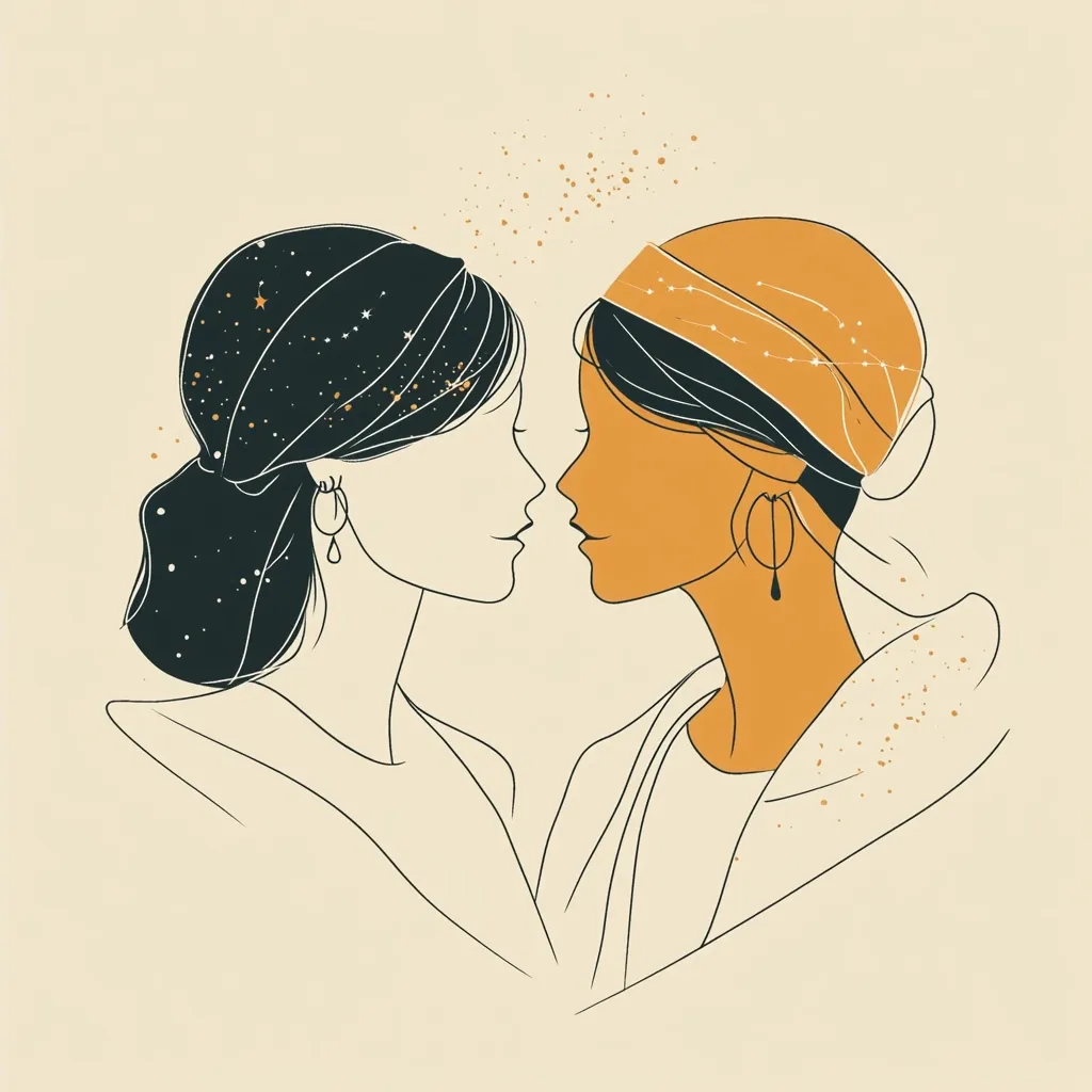 A minimalist line art illustration depicts two women facing each other, their profiles forming a heart shape. One woman has dark hair adorned with stars, while the other wears a headscarf with a constellation pattern.  Both wear simple earrings.  Gold speckles surround them, creating a celestial feel. The artwork evokes a sense of connection and intimacy.