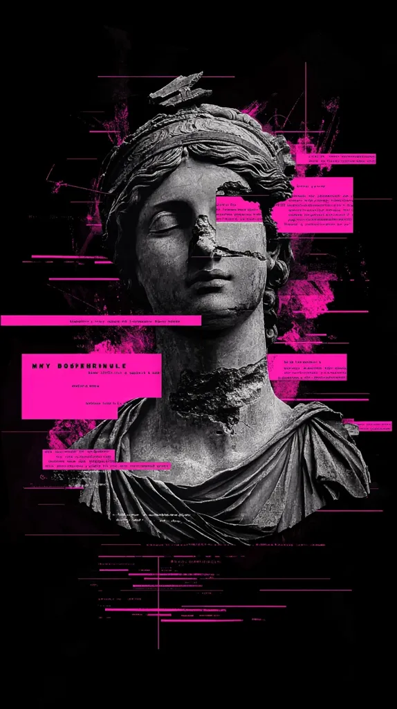 A striking digital art piece features a weathered bust of a classical Greek statue, fragmented and overlaid with a futuristic, glitch-like aesthetic.  Pink neon text fragments and data streams are superimposed across the image, creating a stark contrast between antiquity and technology. The overall effect is a blend of historical art and cyberpunk visual style, suggesting themes of decay, memory, and the passage of time.