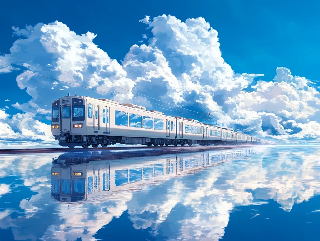A long passenger train travels across a flat landscape under a vibrant blue sky filled with fluffy white clouds. The train's reflection is perfectly mirrored in a calm body of water, creating a surreal and idyllic scene. The artwork features a serene and peaceful atmosphere, evoking a sense of journey and tranquility.  The style is reminiscent of anime or digital painting.