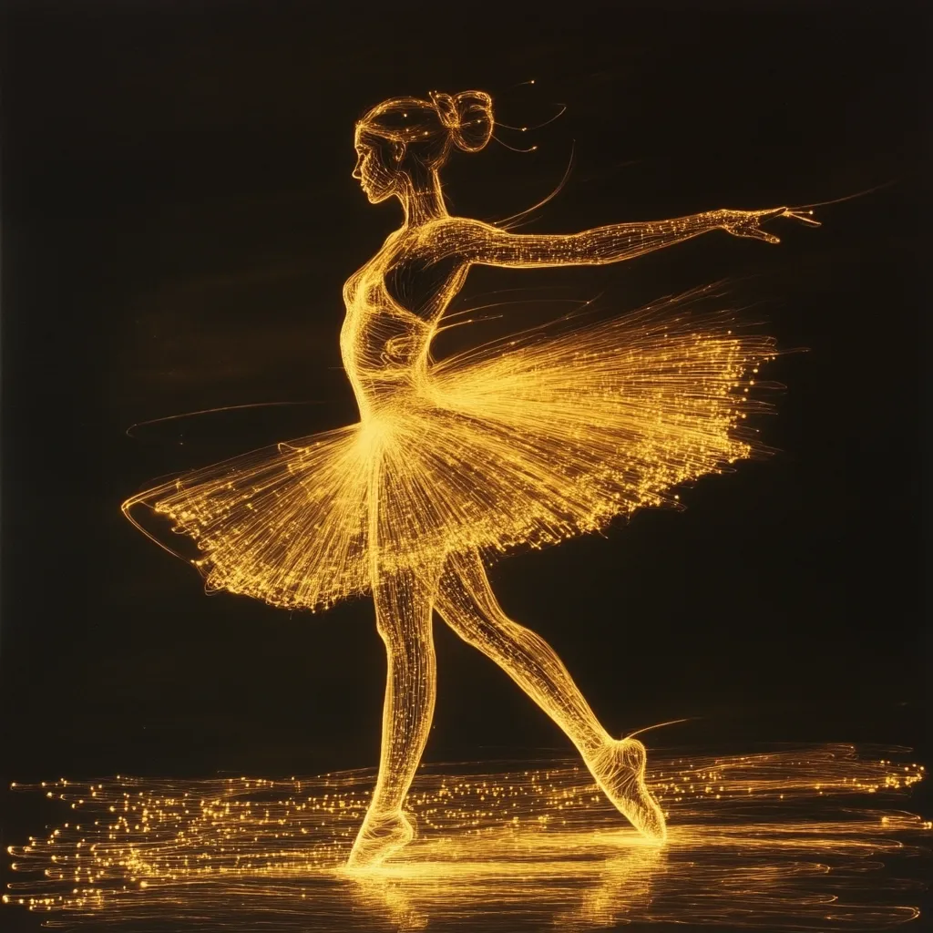 A ballerina is depicted in a dynamic pose, her form rendered in shimmering, golden light.  The tutu and body are composed of countless luminous strands, suggesting movement and energy.  She stands on a dark background, with golden trails extending from her, creating a captivating, almost ethereal, effect.  The overall impression is one of grace, elegance, and artistic innovation.