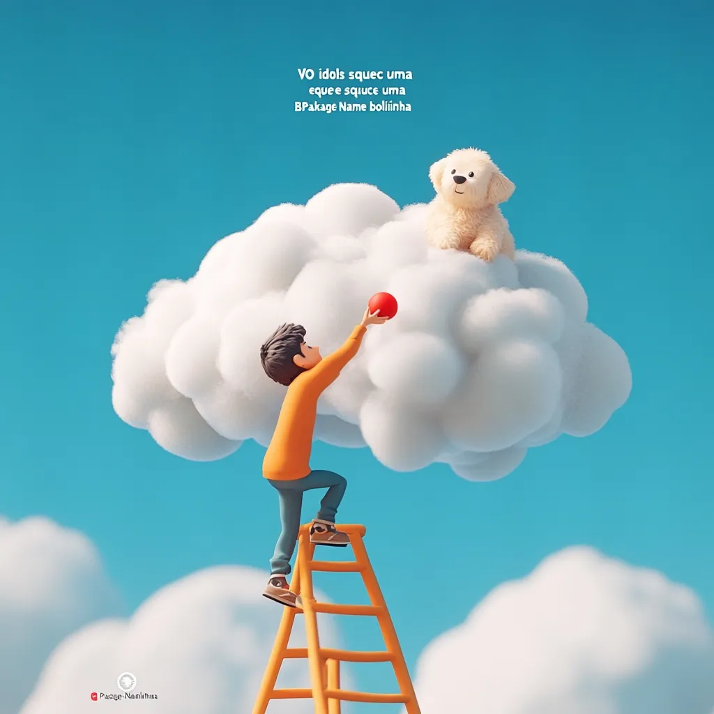 A boy climbs a ladder toward a fluffy white cloud where a small dog sits. He reaches up to give the dog a red ball. The scene is rendered in a 3D cartoon style against a bright blue sky, evoking a whimsical, childlike imagination.  The image has Portuguese text at the top.