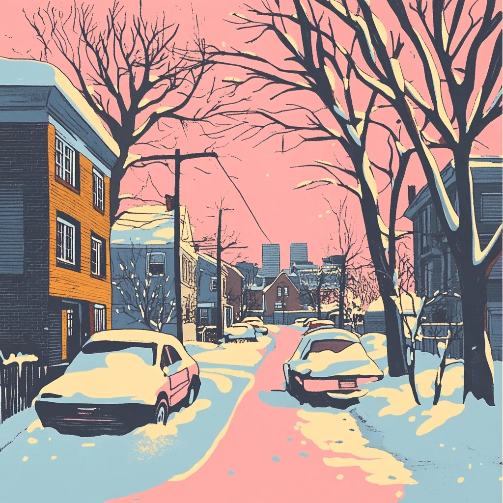 A snow-covered residential street scene is depicted in a stylized illustration.  Houses line both sides, their roofs dusted with snow, under leafless trees.  Cars are parked, blanketed in snow, on a pinkish-hued street.  In the distance, taller buildings hint at a city skyline under a soft pink sky.  The overall style is reminiscent of vintage illustration or graphic design.
