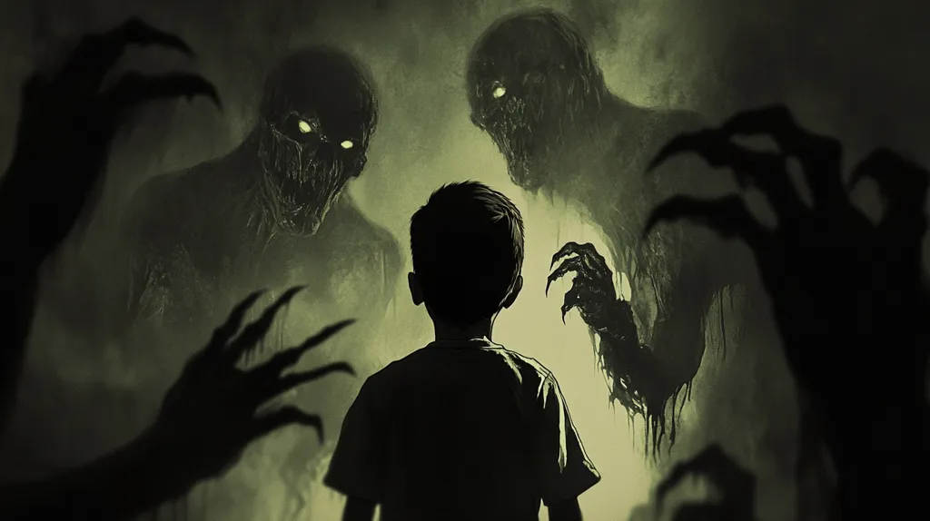 A young boy stands silhouetted against a backdrop of menacing, shadowy figures.  Two monstrous beings with glowing eyes flank him, their forms indistinct but menacing.  Clawing hands emerge from the darkness surrounding the boy, creating an atmosphere of palpable fear and unease. The overall tone is dark, ominous, and suggestive of a nightmare or supernatural threat.