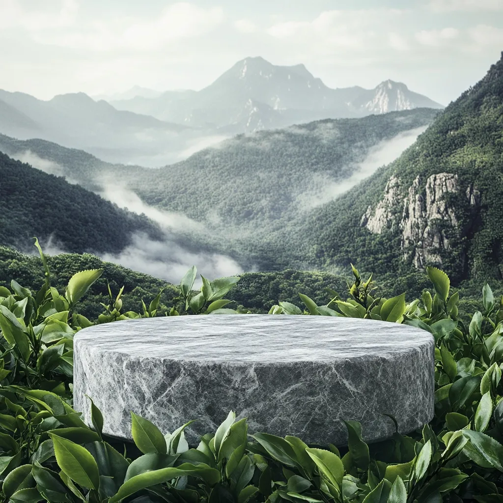 A circular, gray stone platform rests amidst lush green foliage, overlooking a breathtaking vista of misty mountains.  The scene evokes a serene and tranquil atmosphere, ideal for showcasing a product or creating a calming visual. The stone's rough texture contrasts beautifully with the vibrant green leaves, creating a striking natural display.
