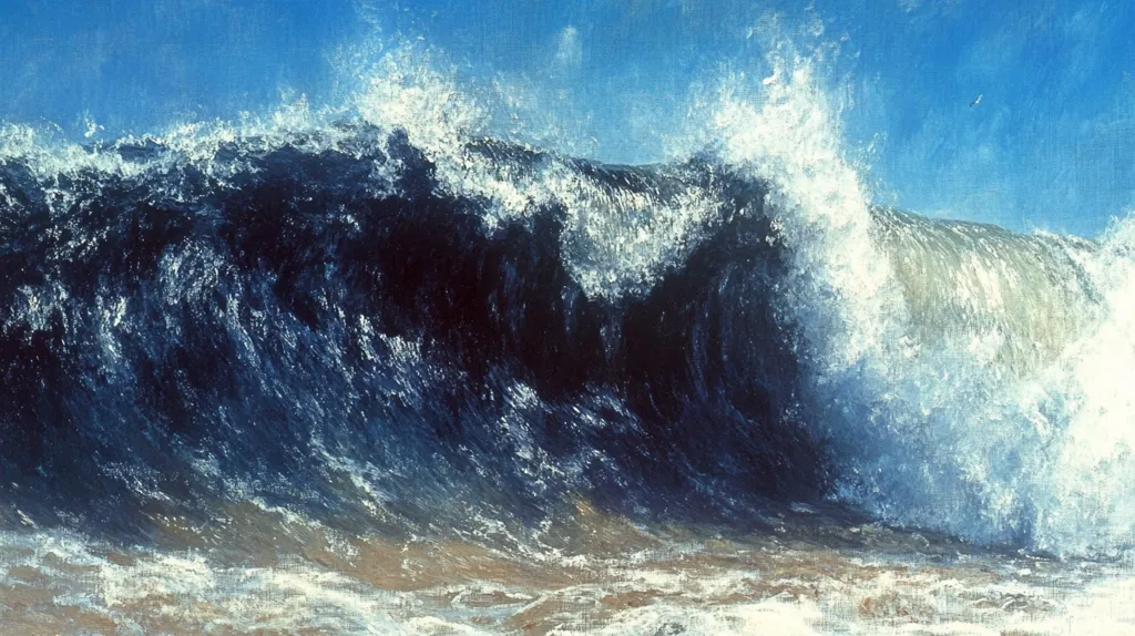 A powerful ocean wave dominates the canvas, its dark, deep blue contrasting sharply with the bright white of the churning foam.  The wave's immense power is palpable, its dark, shadowy depths suggesting an overwhelming force of nature.  The artist uses thick, textured brushstrokes to capture the wave's movement and energy, creating a dramatic and awe-inspiring image. The clear blue sky provides a backdrop to this spectacle of nature's fury.