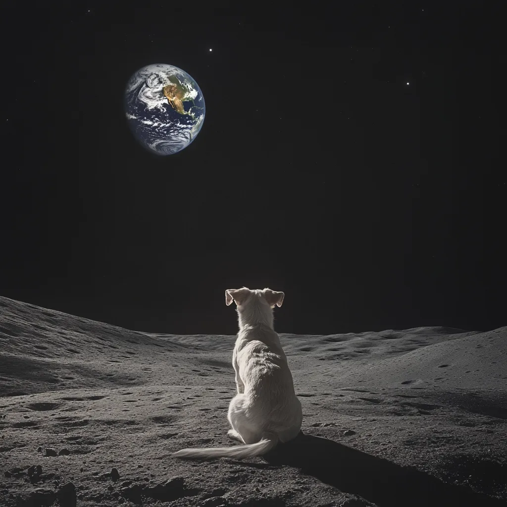A small white dog sits on the lunar surface, its back to the camera.  The dog gazes towards a large Earth hanging in the inky black sky, speckled with stars. The scene is surreal and evokes a sense of loneliness and vastness, a small creature on a desolate moon contemplating its home planet.