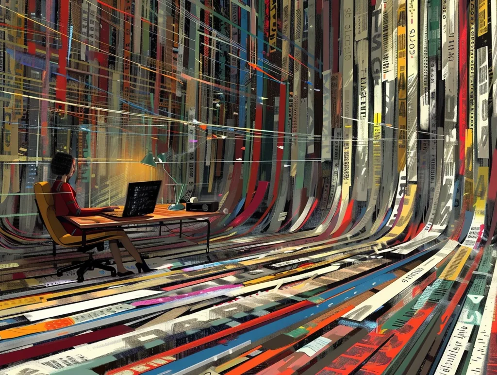 A woman sits at a desk in a room enveloped by a swirling, colorful vortex of countless papers and documents.  The scene is surreal and suggests an overwhelming amount of information.  She works on a laptop, illuminated by a desk lamp, seemingly unfazed by her extraordinary surroundings.  The vibrant colors and dynamic composition create a striking visual representation of data overload or the vastness of information.