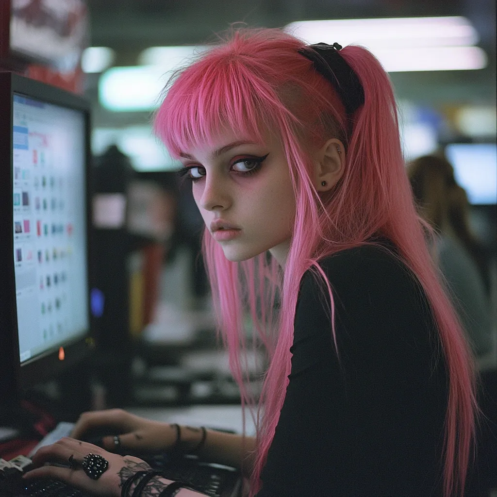 A young woman with vibrant pink hair styled in a side ponytail sits at a computer.  Her dark makeup accentuates her eyes, and she wears dark clothing.  She appears focused on the screen, her expression serious.  The background is blurred, suggesting a dimly lit office or internet cafe.  Her accessories include small earrings and several bracelets.
