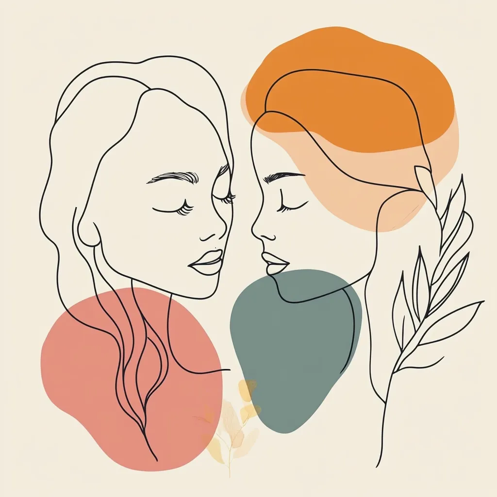 A minimalist line art drawing depicts two women's faces in profile, eyes closed, almost touching.  Their hair flows in stylized lines, set against muted, abstract shapes in peach, orange, and teal.  Delicate line-drawn leaves add a touch of nature to the composition, creating a serene and aesthetically pleasing piece.  The overall style is modern and suggestive of intimacy and connection.