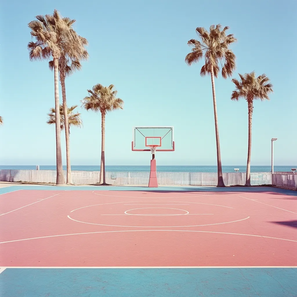 A pastel-colored outdoor basketball court sits on a sandy beach, bordered by a white fence.  Several palm trees stand tall against a clear, blue sky. The ocean stretches out in the background, creating a tranquil and aesthetically pleasing scene. The overall tone is calm and serene.