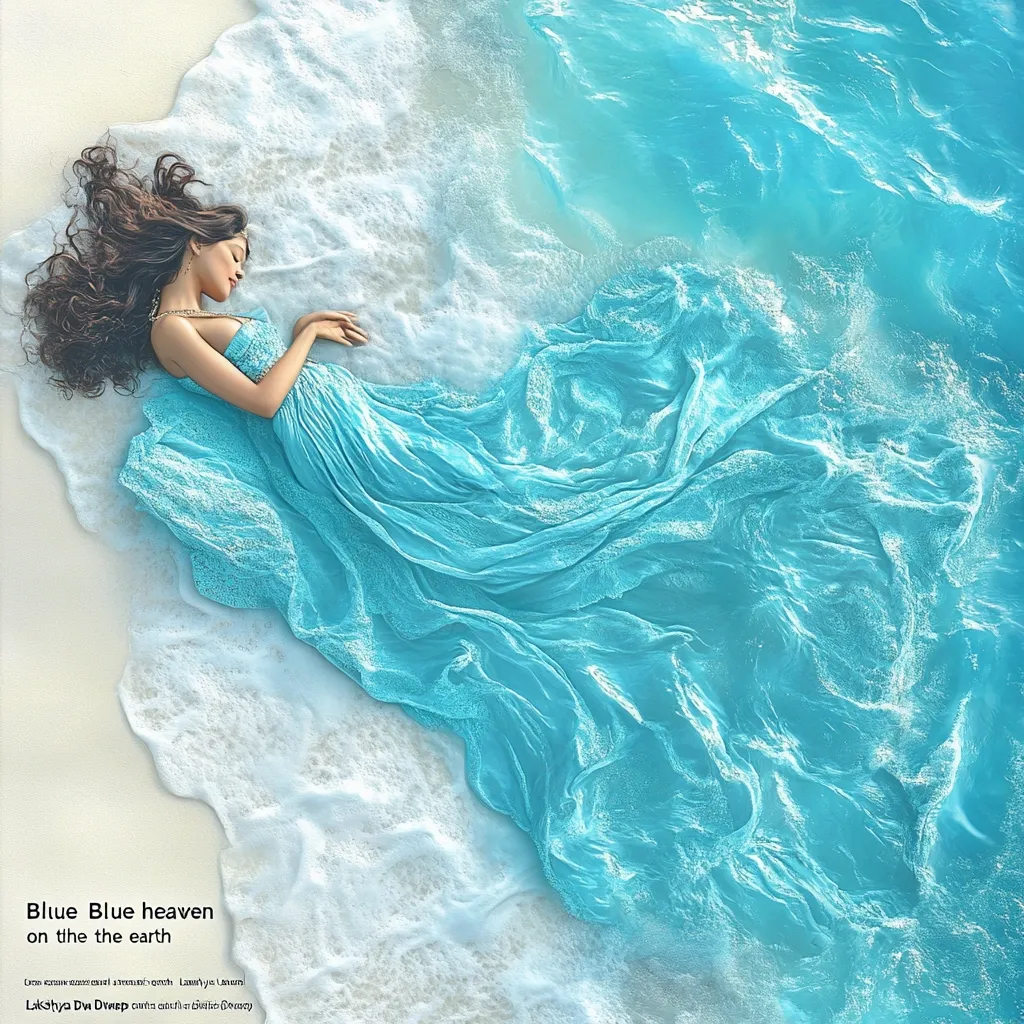A woman with long dark hair lies asleep on a sandy beach, draped in a flowing turquoise gown that merges seamlessly with the ocean waves. The color palette is serene, with the light blue of the dress and water contrasting against the white sand.  The image evokes a sense of peace and tranquility, creating a dreamy, ethereal atmosphere.