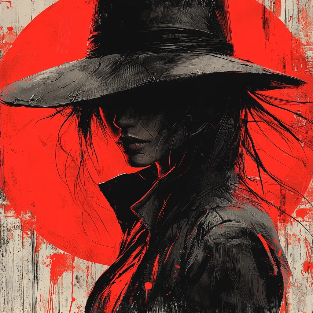 A stylized portrait of a woman, her face partially obscured by a wide-brimmed hat.  The artwork is rendered in a dramatic, painterly style, utilizing stark contrasts between black and red.  Her dark hair flows behind her, and she is depicted from the shoulders up, against a backdrop of a large, vibrant red circle suggesting a sun or rising moon.  The overall mood is mysterious and intense.