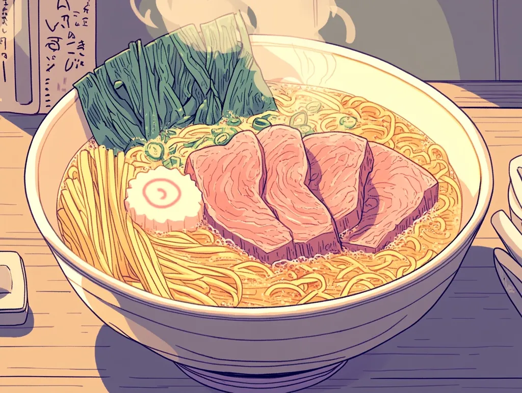 A steaming bowl of ramen sits on a wooden table, bathed in warm sunlight.  The noodles are golden yellow, topped with tender slices of pink meat, a swirl of narutomaki, and vibrant green vegetables.  The broth appears rich and flavorful, promising a comforting and delicious meal.  The illustration style is reminiscent of anime, with soft lines and pastel colors.