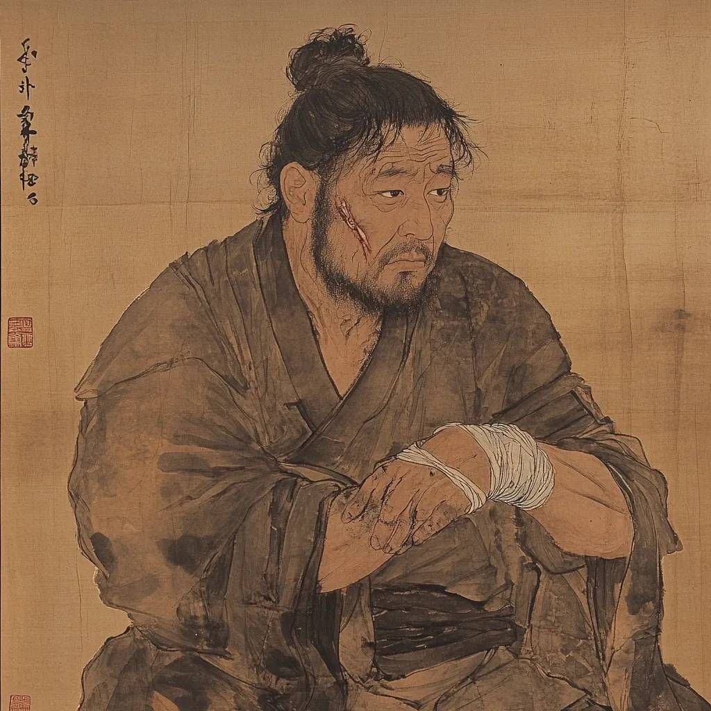 A monochromatic portrait depicts a weathered man, possibly a warrior, seated. His attire suggests a robe, and his hair is pulled back into a topknot.  A scar runs down his face, and his right arm is bandaged, hinting at a recent injury. The overall style is expressive and evocative of traditional East Asian painting techniques, emphasizing texture and emotional depth through brushstrokes. The background is a muted, earthy tone.
