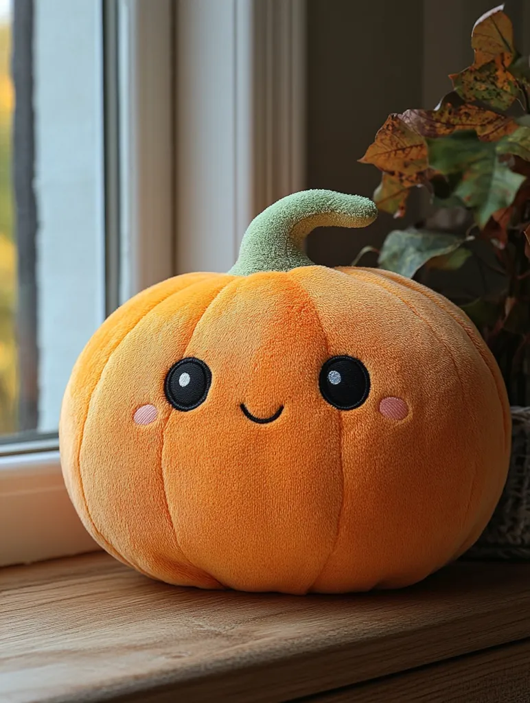 A cute plush pumpkin sits on a wooden windowsill.  Its orange fuzzy body features large, dark eyes and rosy cheeks, creating a cheerful expression.  A small, green stem tops the pumpkin.  Autumn leaves from a nearby plant are visible in the background, adding to the seasonal ambiance. The overall image evokes warmth and coziness.
