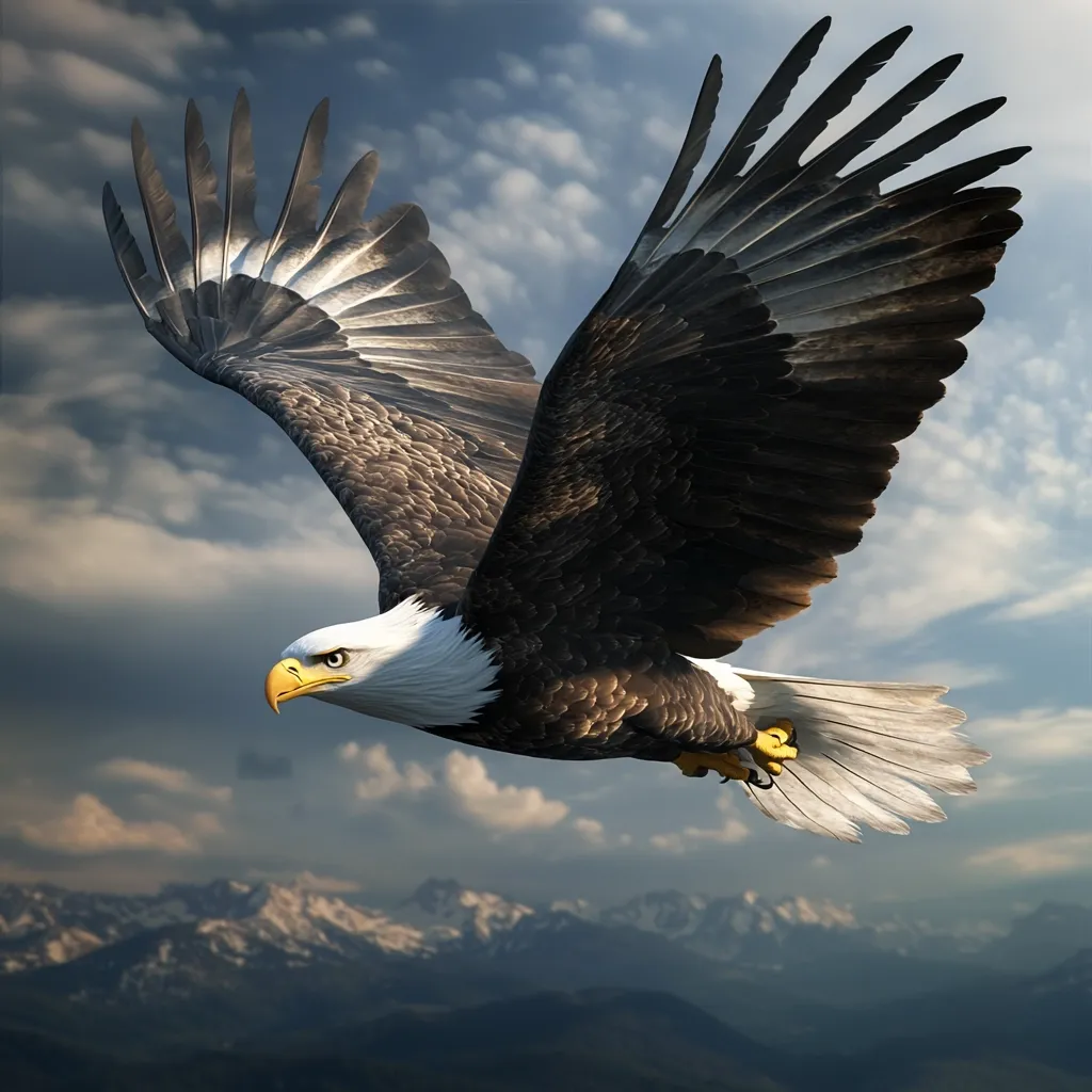 A majestic bald eagle soars through a dramatic sky, its wings fully extended.  The eagle's powerful flight is captured in detail, showcasing its sharp gaze and impressive wingspan.  Below, a mountain range stretches to the horizon, adding depth and grandeur to the scene.  The image evokes a sense of freedom and power.