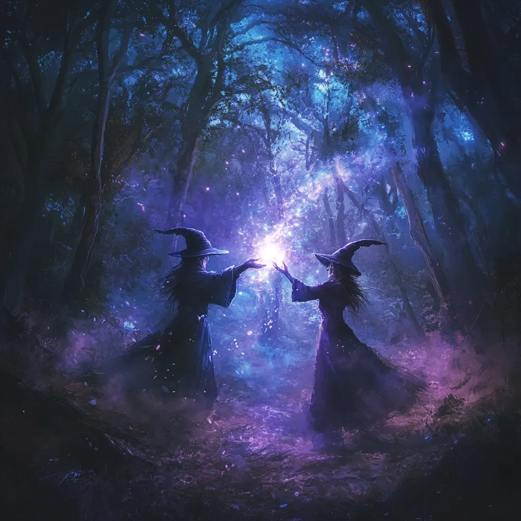 Two witches, cloaked in dark robes and pointed hats, stand in a mystical forest at night.  A vibrant purple energy flows between their outstretched hands, illuminating the enchanted woods with shimmering particles.  The scene is evocative of magic and mystery, with a fantastical atmosphere enhanced by the ethereal light and deep shadows of the ancient trees.
