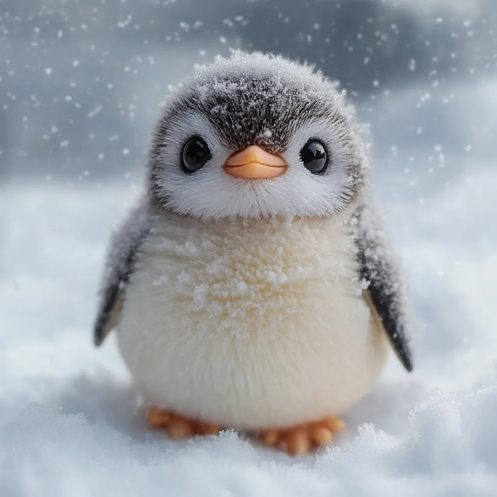 A fluffy, adorable penguin chick stands in the snow, its body dusted with snowflakes.  Large, expressive eyes and a tiny orange beak add to its charm.  The background features a gentle snowfall, creating a serene winter scene. The penguin appears soft and cuddly, a perfect image of winter's cuteness.