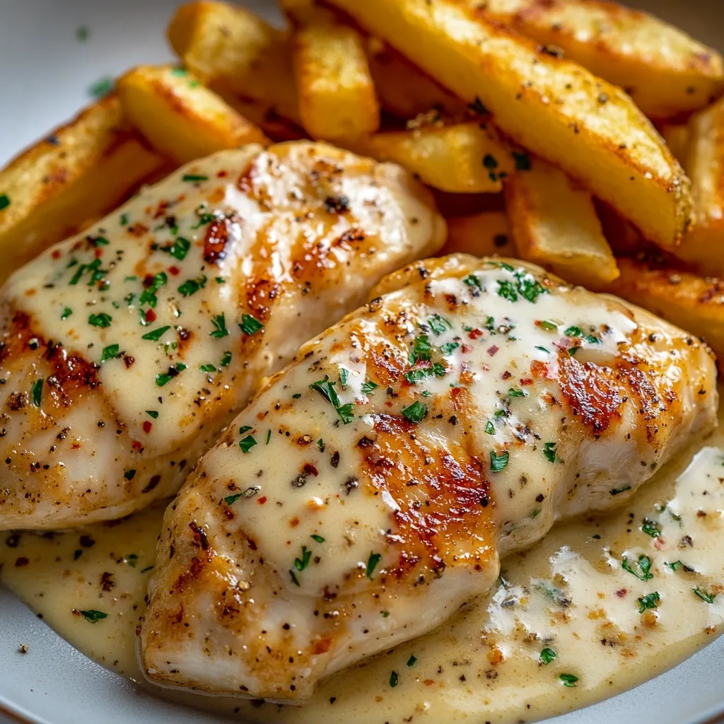 Two grilled chicken breasts are generously coated in a creamy, savory sauce, sprinkled with fresh parsley and red pepper flakes.  They rest atop a bed of golden-brown, crispy french fries, creating a visually appealing and appetizing dish. The creamy sauce appears rich and flavorful, enhancing the overall presentation.