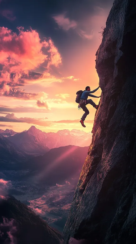 A lone climber scales a sheer cliff face, silhouetted against a breathtaking sunset.  Crimson clouds fill the sky above a vast, mountainous landscape stretching to a valley below.  The climber's determined posture conveys a sense of challenge and triumph amidst the dramatic beauty of nature.  The scene evokes feelings of adventure, perseverance, and the awe-inspiring power of the natural world.