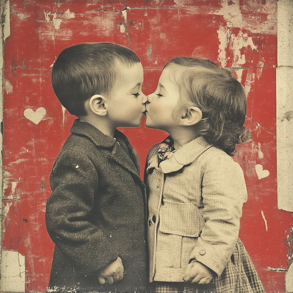 A sepia-toned photograph depicts two toddlers sharing a tender kiss against a vibrant red backdrop.  The image is styled like a vintage Valentine's Day card, with distressed edges and faded hearts subtly incorporated into the design. The children are dressed in vintage-style coats, their expressions sweet and innocent. The overall mood is one of nostalgic romance and childhood purity.