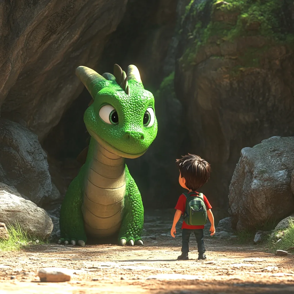 A young boy with a backpack stands before a friendly-looking, bright green dragon emerging from a cave.  The dragon has large, expressive eyes and a gentle demeanor.  The scene is rendered in a charming, cartoonish style, suggesting a whimsical and heartwarming encounter in a fantastical setting.  Sunlight illuminates the path, enhancing the magical atmosphere.