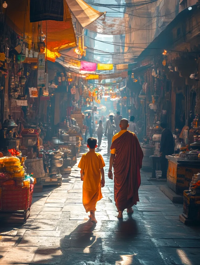 Two Buddhist monks, one adult and one child, walk away from the camera down a narrow, sun-drenched market street in India.  The street is lined with colorful shops and awnings, and bustling with activity.  The monks' saffron robes contrast with the vibrant hues of the marketplace, creating a striking image of serenity amidst the chaos.  Dust motes dance in the sunlight filtering through the narrow alleyway.