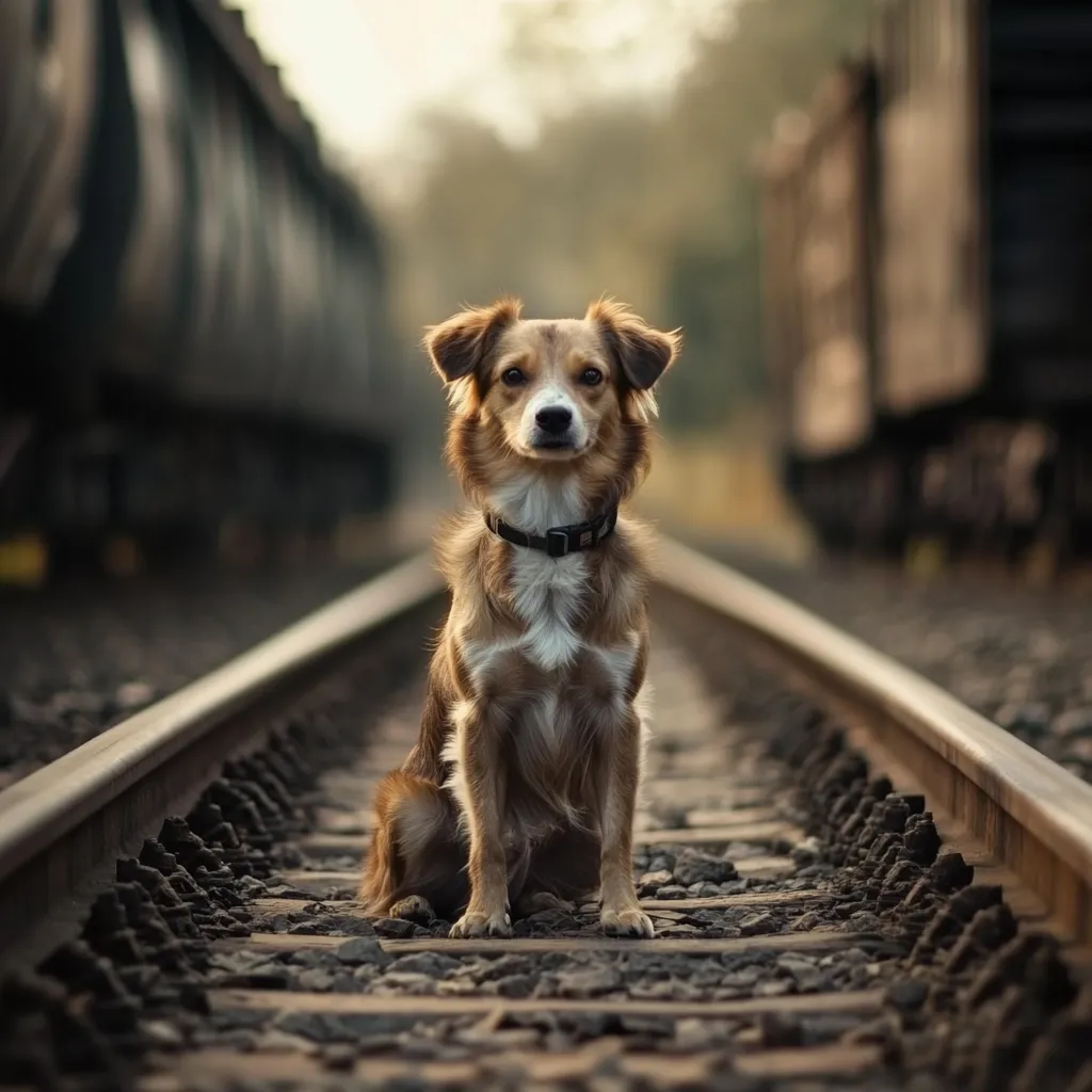 A brown and white mixed-breed dog sits patiently on a railway track, gazing directly at the camera.  Blurred freight trains are visible in the background, creating a sense of depth and isolation. The dog wears a black collar, and the overall mood is calm yet slightly melancholic.  The focus is sharply on the dog, highlighting its attentive expression.