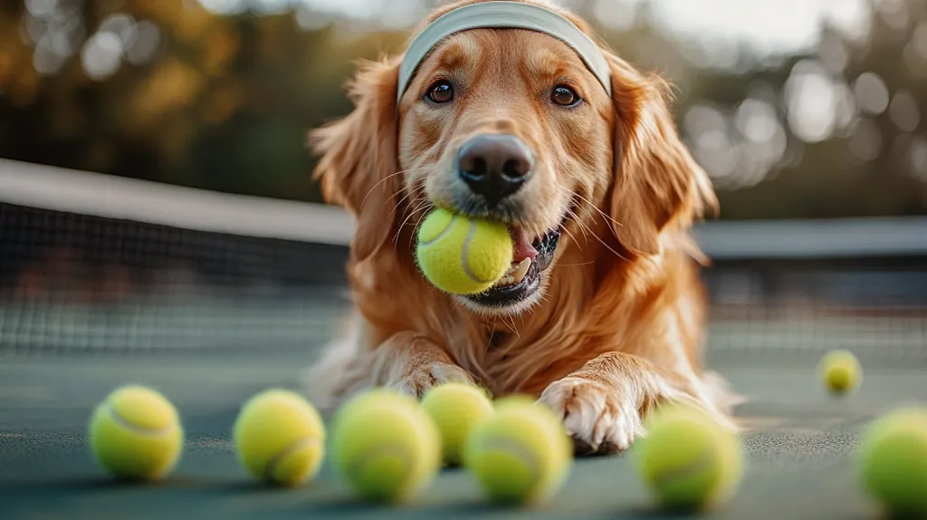 A golden retriever, wearing a light-grey headband, lies on a tennis court, its mouth gently holding a tennis ball.  Several more tennis balls are scattered around it on the court. The dog's fur is a rich, golden color, and its expression is friendly and playful.  The background is blurred, focusing attention on the dog and the tennis balls.