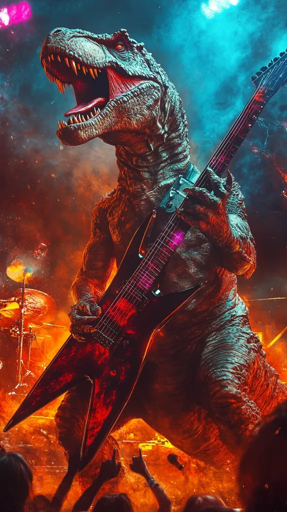 A tyrannosaurus rex, bathed in fiery orange and teal light, shreds a fiery red electric guitar on a stage engulfed in flames.  The dinosaur's powerful stance and ferocious expression contrast with the melodic instrument, creating a surreal and dramatic scene.  A crowd of cheering fans is visible at the bottom, their hands raised in excitement.  The image is a striking blend of prehistoric power and modern rock and roll.