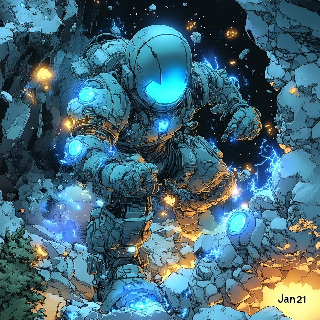 A futuristic astronaut in weathered, grey power armor strides through a shattered, rocky landscape.  Electric blue energy crackles around them, illuminating the debris field.  Orange bursts suggest explosions. The scene is dark, with stars visible in the background.  The astronaut's helmet glows with an inner blue light. The style is detailed and dynamic, evoking a sense of action and destruction.  "Jan21" is subtly placed in the lower right corner.
