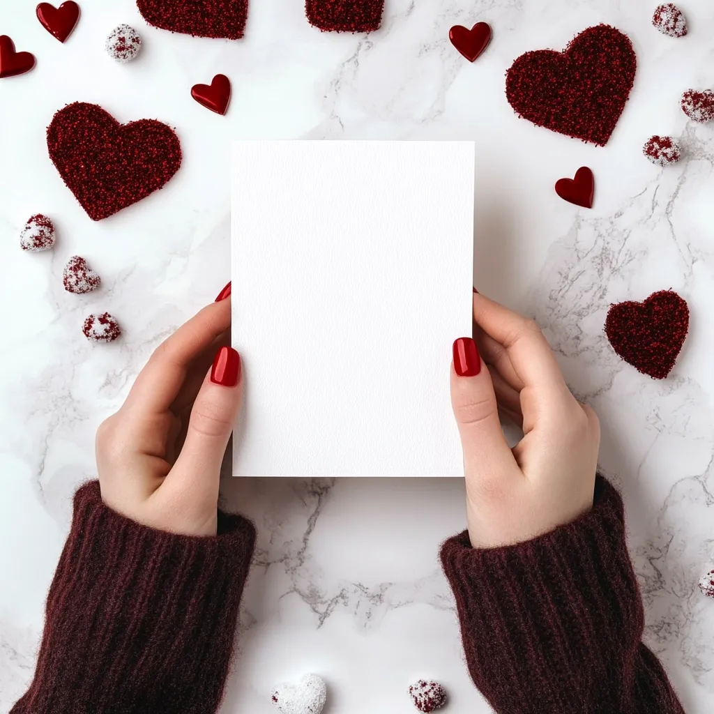 A flat lay image shows a woman's hands holding a blank white card against a marble background.  Surrounding the card are small, red, sparkly hearts and white sugar-coated candies, creating a Valentine's Day theme. The woman is wearing a maroon sweater. The scene is romantic and suggests a heartfelt message or greeting.